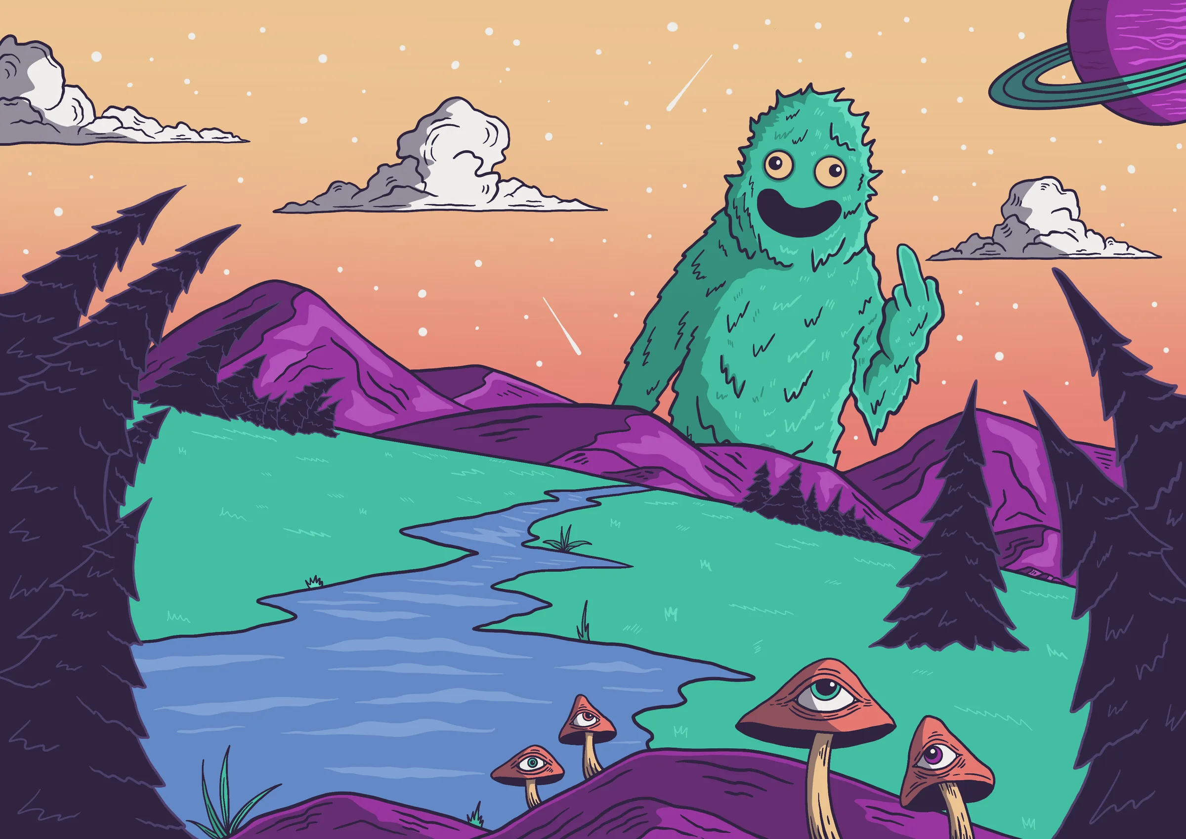The Hazemind, a grinning green fuzzball, towering over purple hills, a winding river and eyeball mushrooms under a peach sky
